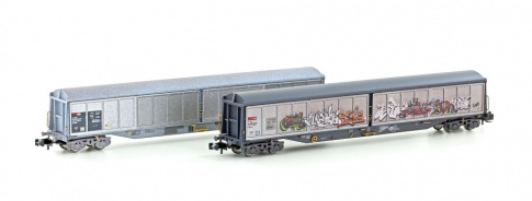 Hobbytrain H23471 SET OF 2 SLIDING WALL WAGONS HABILS SBB, EP.V AGED + GRAFFITI