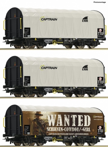 Roco 76054 - 3 Piece Set Slide Tarpaulin Wagons, Captrain